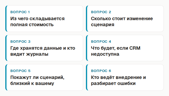 Шесть вопросов поставщику до оплаты: полная стоимость, цена изменений, где хранятся данные, что при сбое программ, сценарий близкий к вашему, кто ведёт внедрение